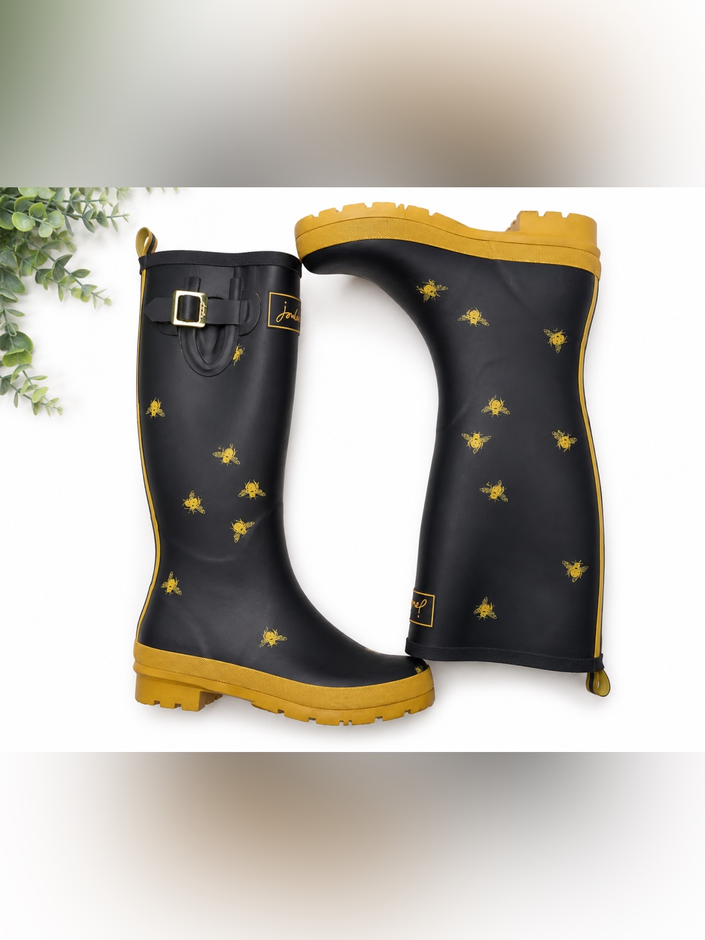 Joules Field Welly Womens Rain Boot Black Gold Bee Print Tall Rubber Us 10 Eu 42